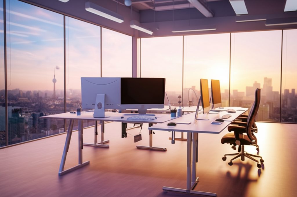 Modernes Büro mit vernetzten Arbeitsplätzen und Stadtblick im Hintergrund, symbolisiert über 30 Jahre Erfahrung.