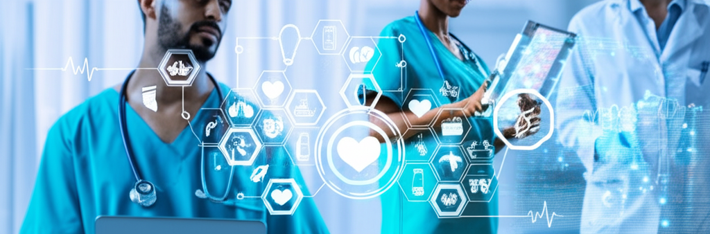 Vernetzte Symbole für Gesundheitswesen, Industrie und Handel - Fokusbereiche von Trimind IT-Dienstleistungen
